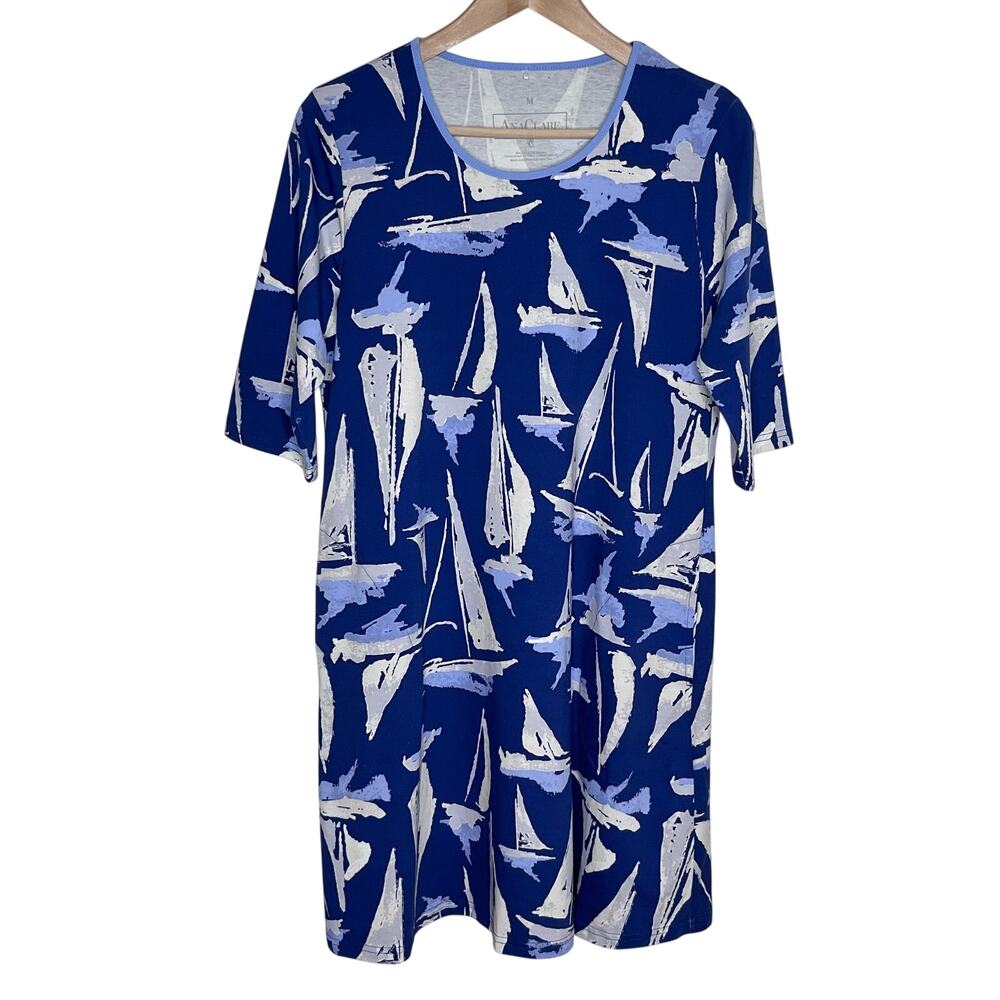 AnaClare Sailboat Print Pocket Dress M Blue Nautical Coastal Beach Dress